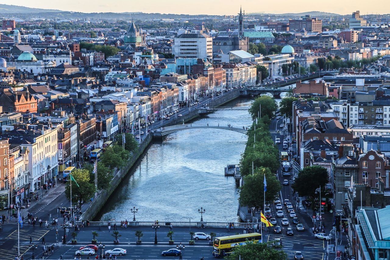 Aerial view of Dublin city centre and the River Liffey