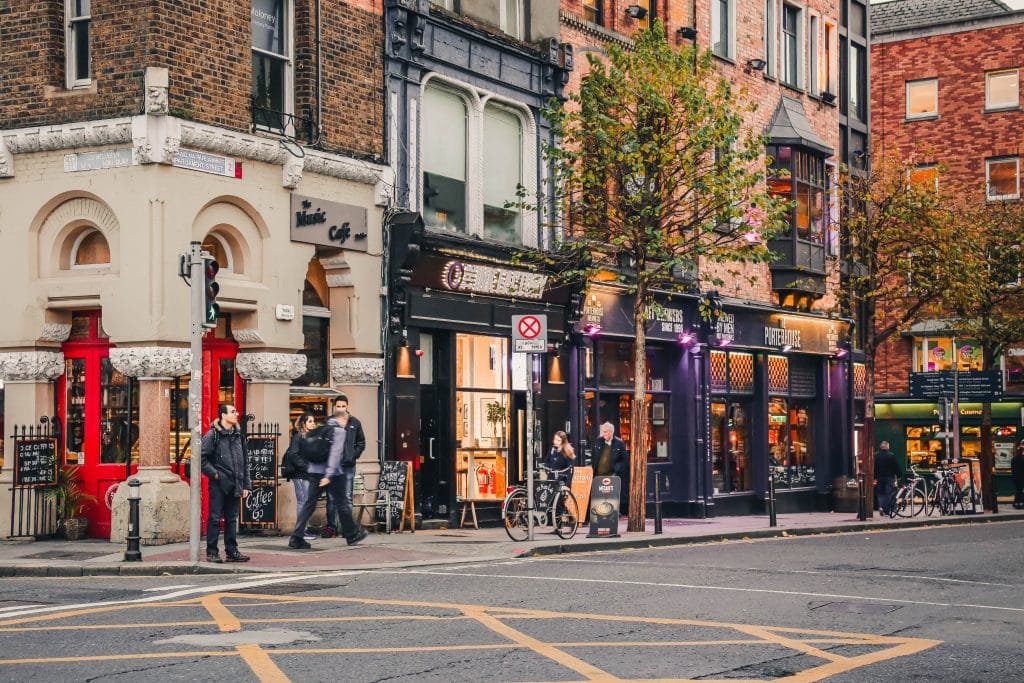Capel Street Dublin 1 on an autumn evening with the Porterhouse bar and independent shops near EirStay serviced apartments