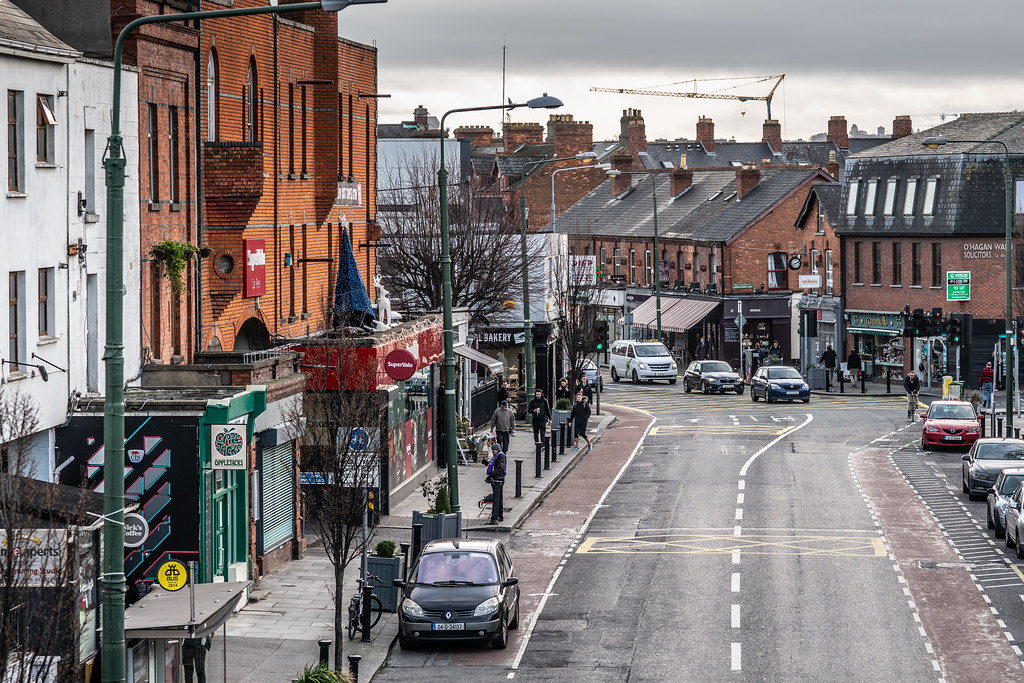 Ranelagh village Dublin 6 street view with independent shops cafes and red-brick buildings near EirStay corporate short-stay apartments