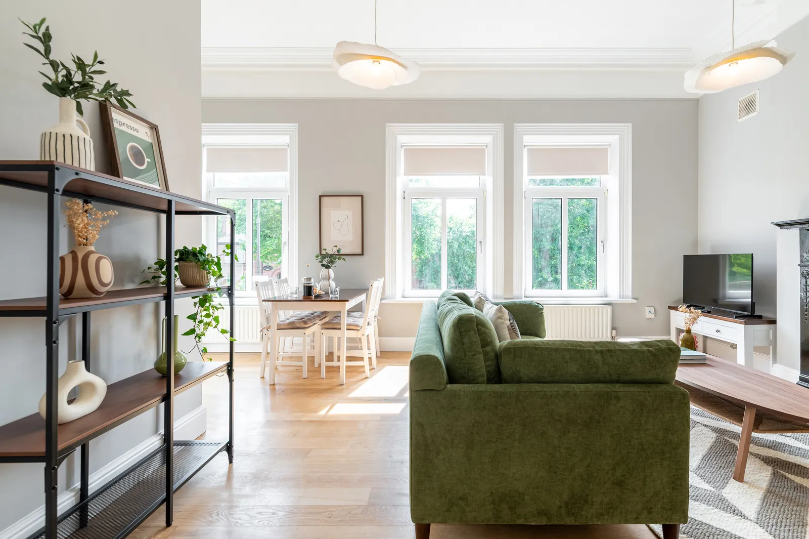 Refurbished open-plan living room with period features at Morehampton Road, Donnybrook, Dublin