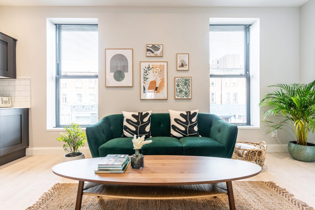 Bright living room in EirStay corporate short stay apartment Camden Street Dublin 2