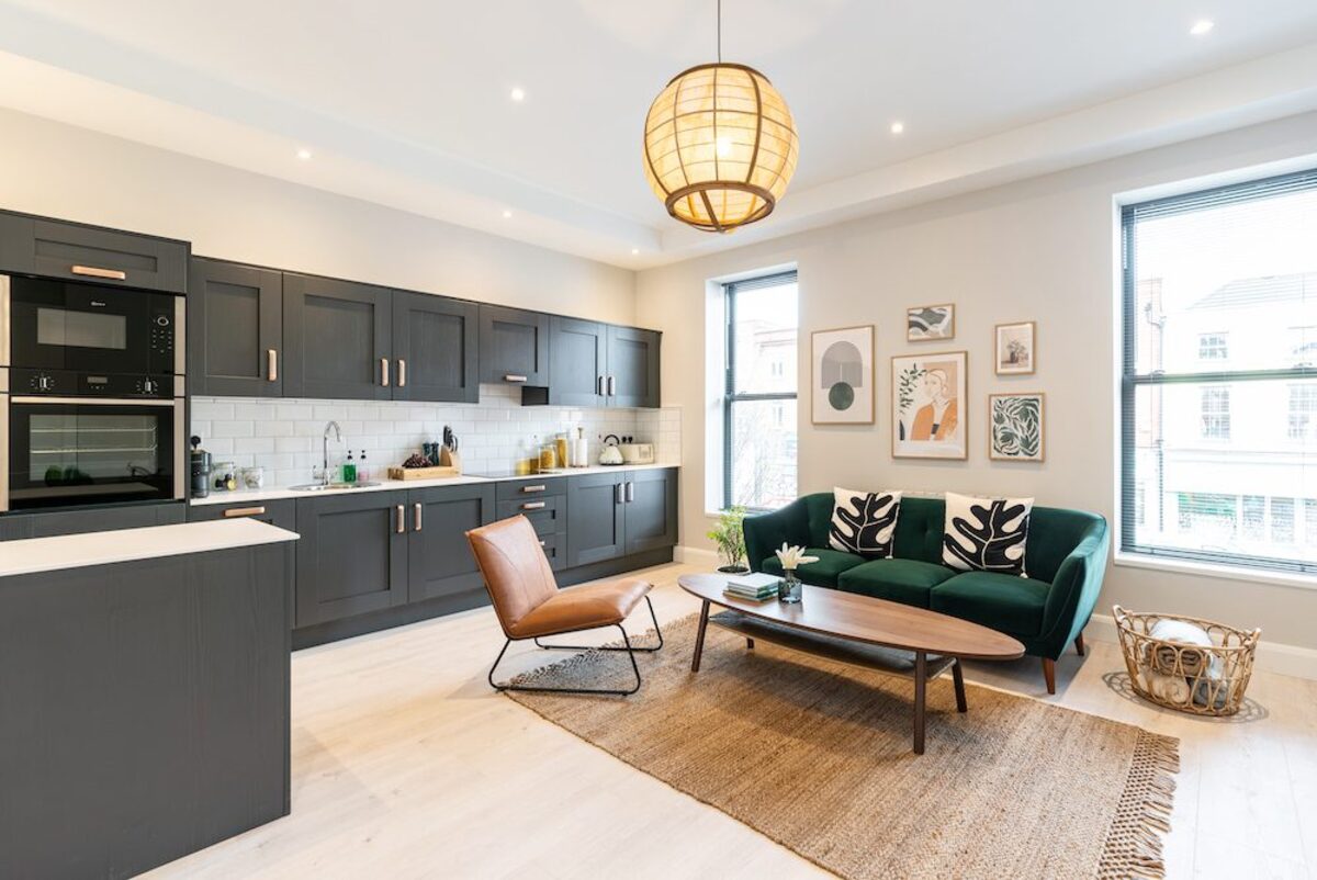 Master bedroom with premium linens in EirStay serviced apartment Camden Street Dublin 2