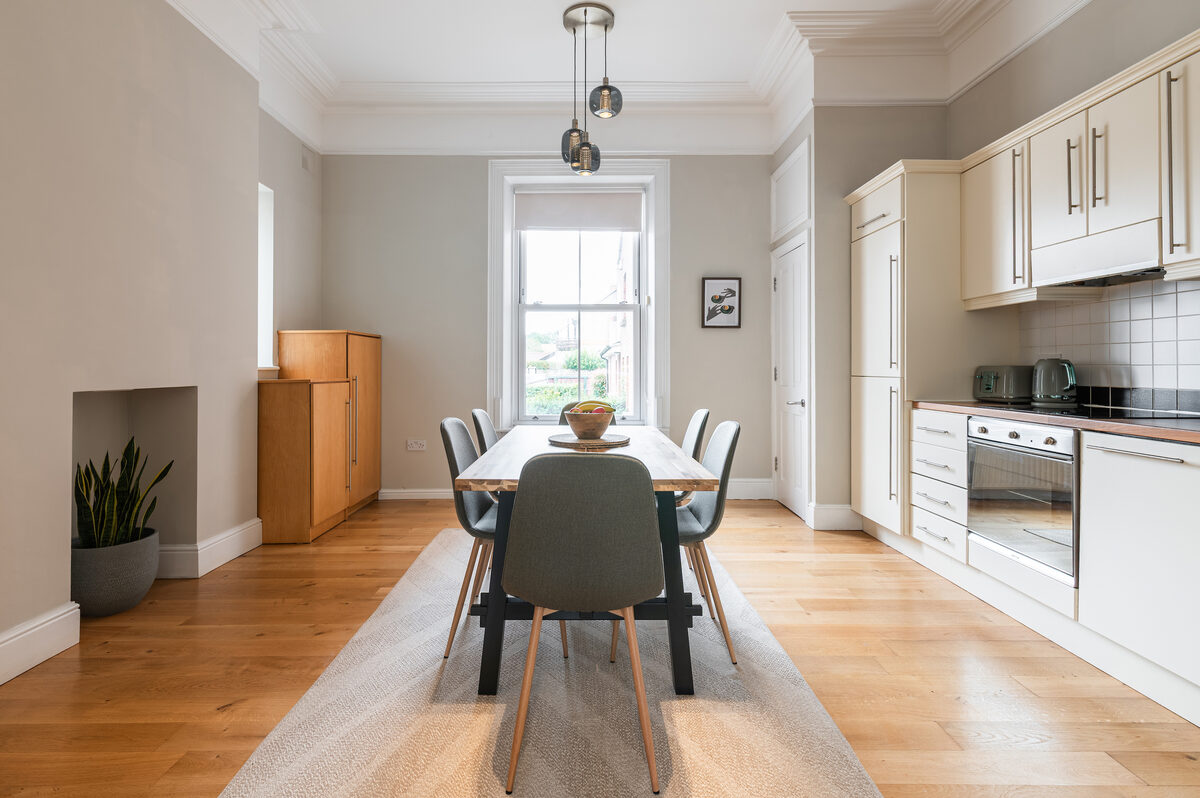 Spacious kitchen and dining area with high ceilings in EirStay short stay corporate serviced apartment Donnybrook Dublin 4