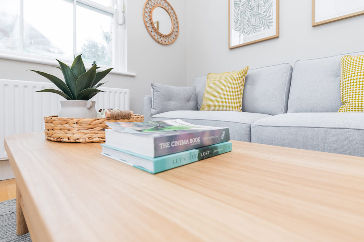 Coffee table with books and plant detail in EirStay serviced apartment Morehampton Road Donnybrook Dublin 4