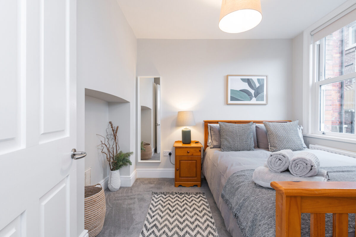 Spacious master bedroom with natural light in EirStay serviced apartment Morehampton Road Donnybrook Dublin 4