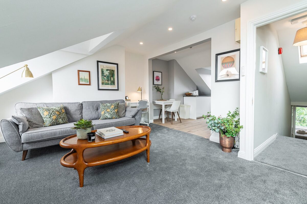 Loft style living room in EirStay corporate short stay apartment Ranelagh Dublin 6